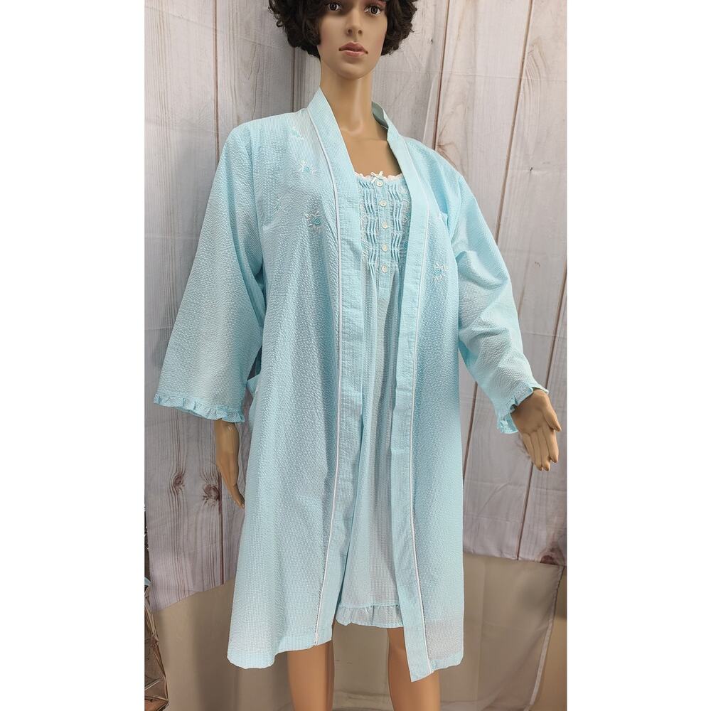Miss Elaine's Nightgown Robe Set Women XL Lt Blue/White Cotton Blend Knee Length